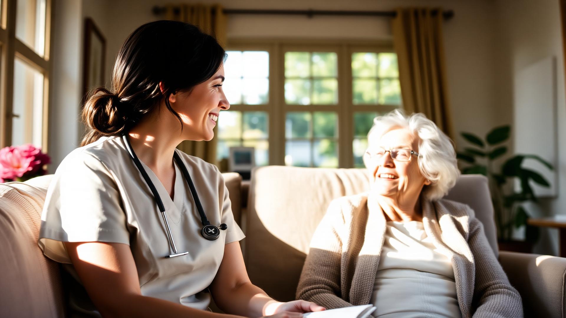 Thuisverpleegkundige van Ursa Care in gesprek met een oudere dame in haar living in Brakel