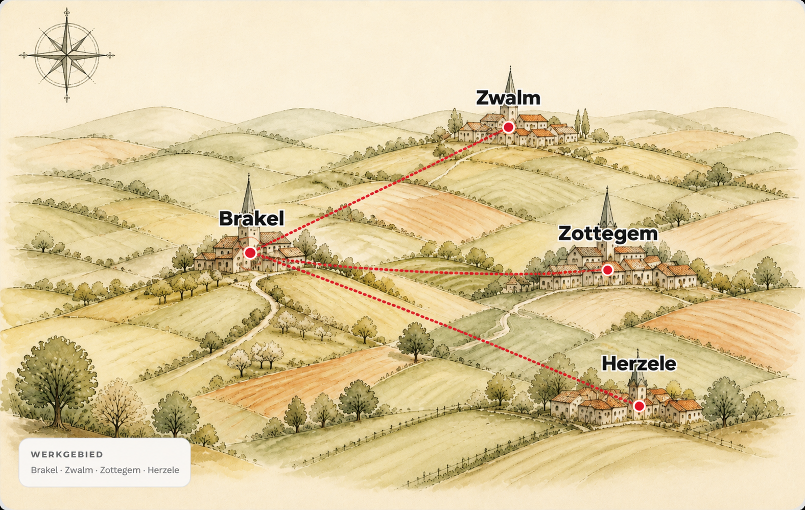 Geïllustreerde kaart van de glooiende Vlaamse Ardennen met de dorpen in het werkgebied: Brakel, Zwalm, Zottegem en Herzele.
